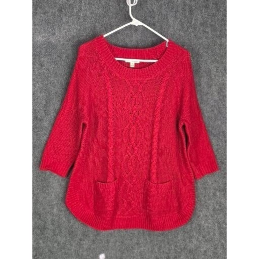 Red Cable Knit Sweater Womens Large Scoop Neck Pocket John Paul Richard Pullover